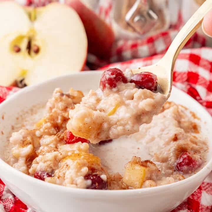 A bowl of homemade oatmeal with pieces of apple and cranberries, with a spoon lifting a portion. A sliced apple and a red checkered cloth are in the background.