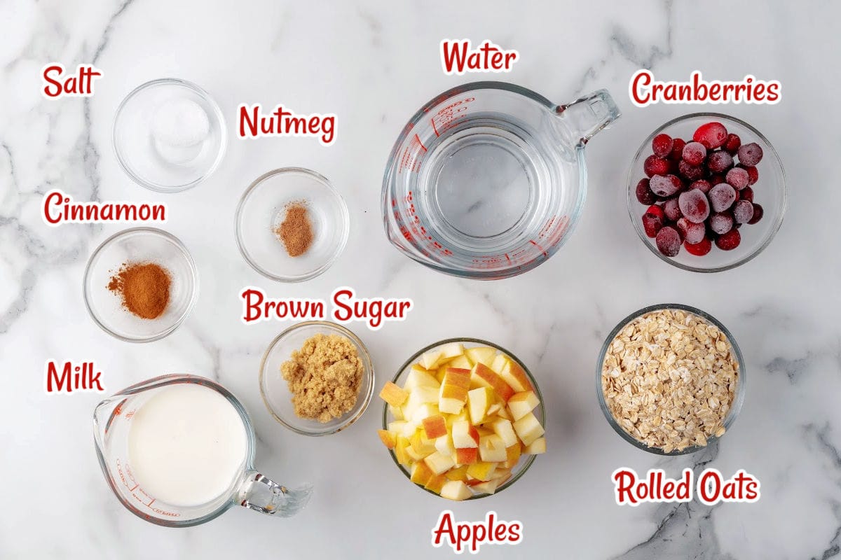 Various ingredients for a recipe are displayed on a white surface, including salt, nutmeg, cinnamon, milk, brown sugar, water, cranberries, apples, and rolled oats in small bowls.