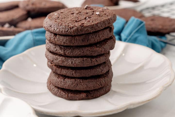 A stack of round, chocolate cookies is arranged neatly on a white plate, with more cookies and a blue cloth visible in the background.