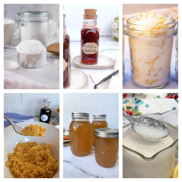 A collage of six images showing various homemade baking essentials, including powdered sugar, vanilla extract, citrus sugar, brown sugar, simple syrup, and buttermilk.