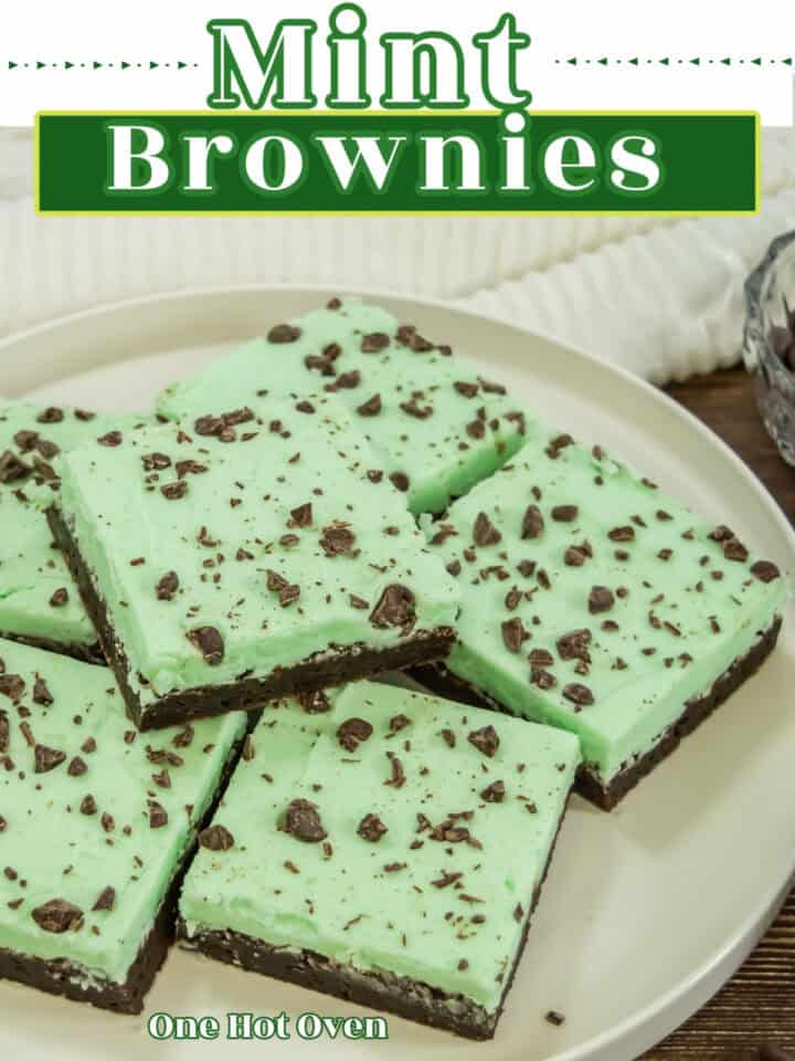 A plate of brownies topped with green mint frosting and sprinkled with chocolate pieces, labeled "Mint Brownies.
