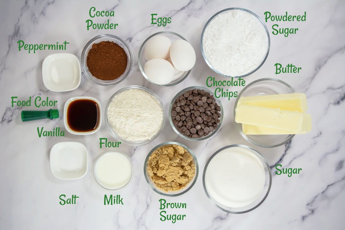 Assorted baking ingredients including flour, sugar, brown sugar, butter, eggs, milk, chocolate chips, powdered sugar, cocoa powder, salt, vanilla, peppermint, and food color.