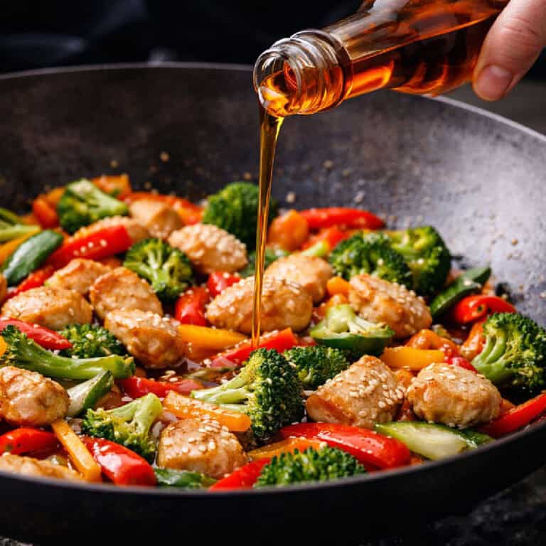 A hand pours sauce from a bottle into a wok containing stir-fried vegetables, tofu, and sesame seeds.