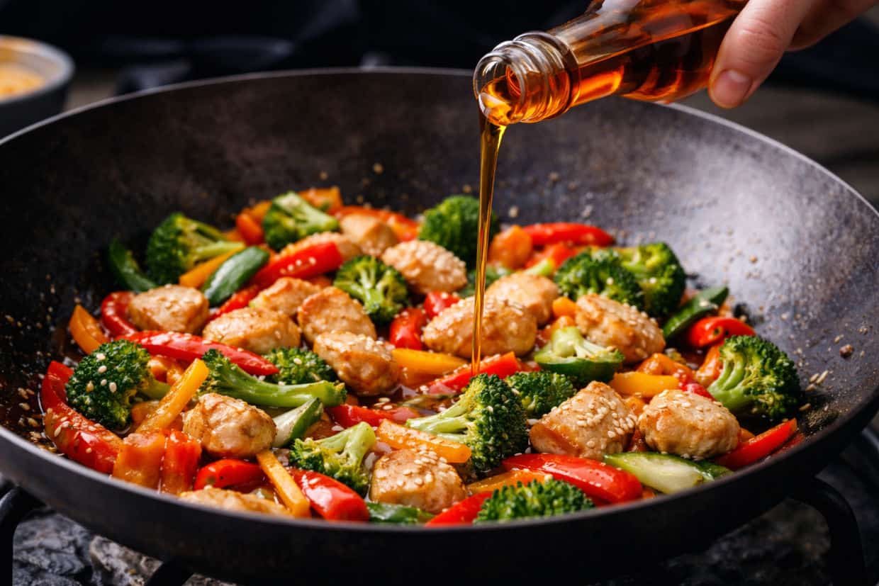 A hand pours sauce into a wok containing chicken, broccoli, bell peppers, and sesame seeds on a stovetop.