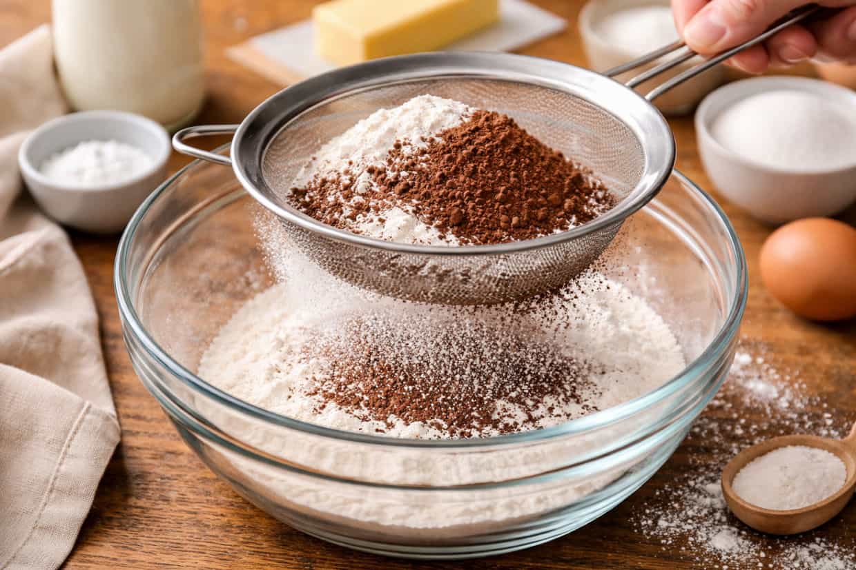 A hand sifts flour and cocoa powder into a glass mixing bowl on a wooden table with baking ingredients nearby.
