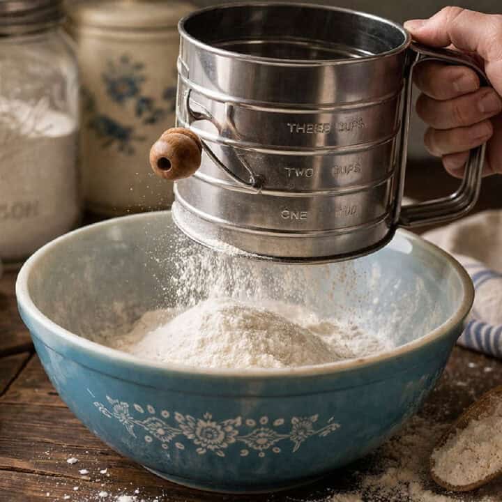 A hand sifts flour into a blue ceramic mixing bowl using a metal flour sifter.