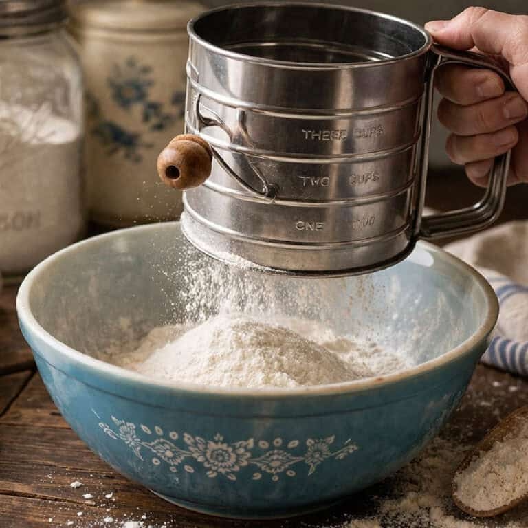 A hand sifts flour into a blue ceramic mixing bowl using a metal flour sifter.