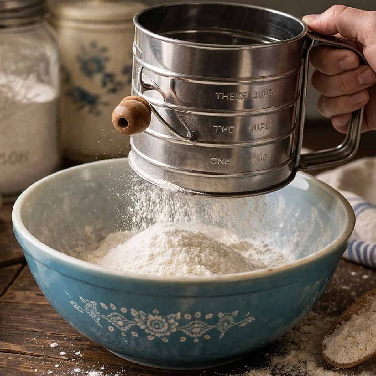 A hand sifts flour into a blue ceramic mixing bowl using a metal flour sifter.