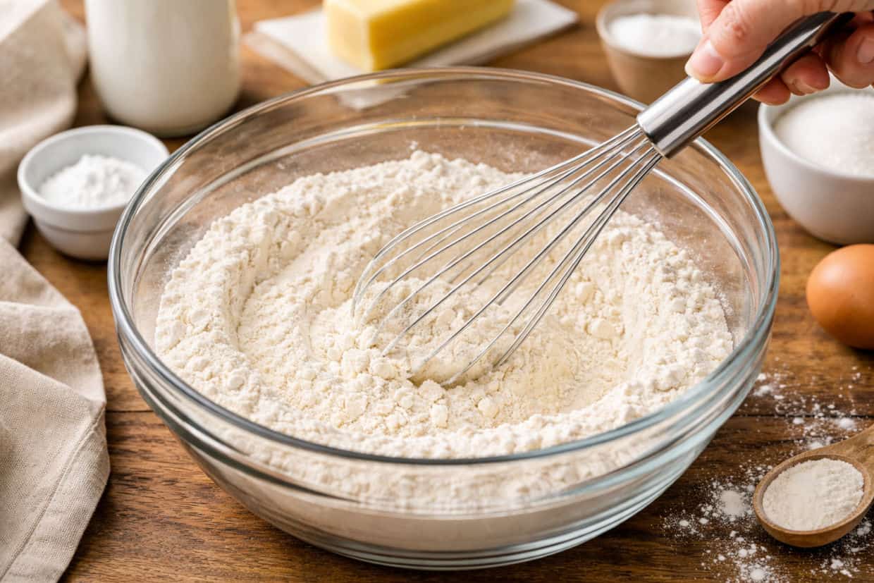 A hand uses a whisk to mix flour in a glass bowl on a wooden table, surrounded by baking ingredients like butter, eggs, and sugar.