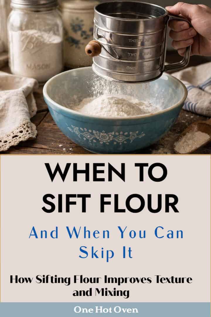 A hand uses a metal sifter to sift flour into a blue mixing bowl, with text explaining when to sift flour and its benefits.