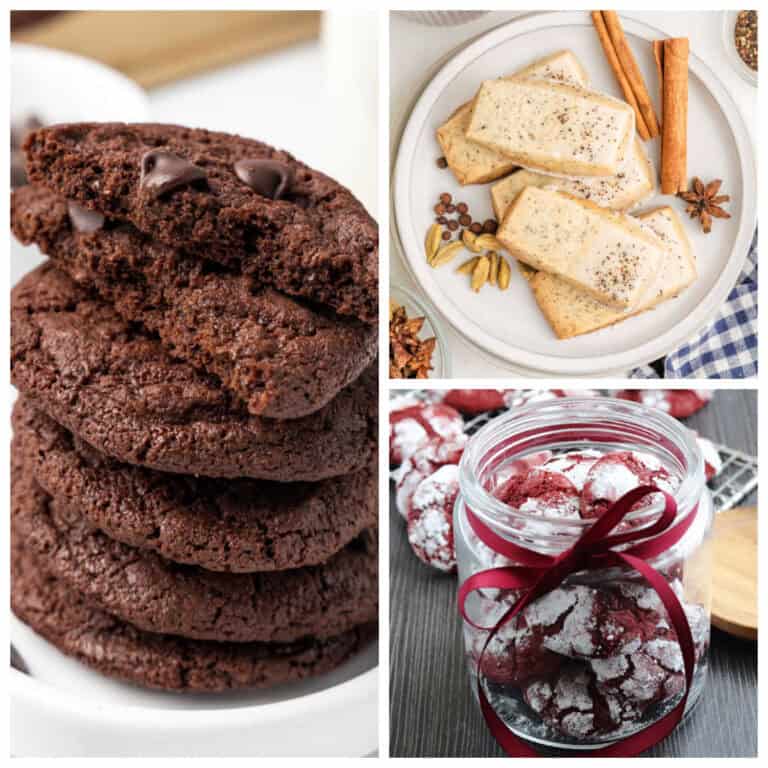A collage of three images: a stack of chocolate cookies, spice-topped rectangular cookies on a plate, and red crinkle cookies in a glass jar tied with a ribbon.
