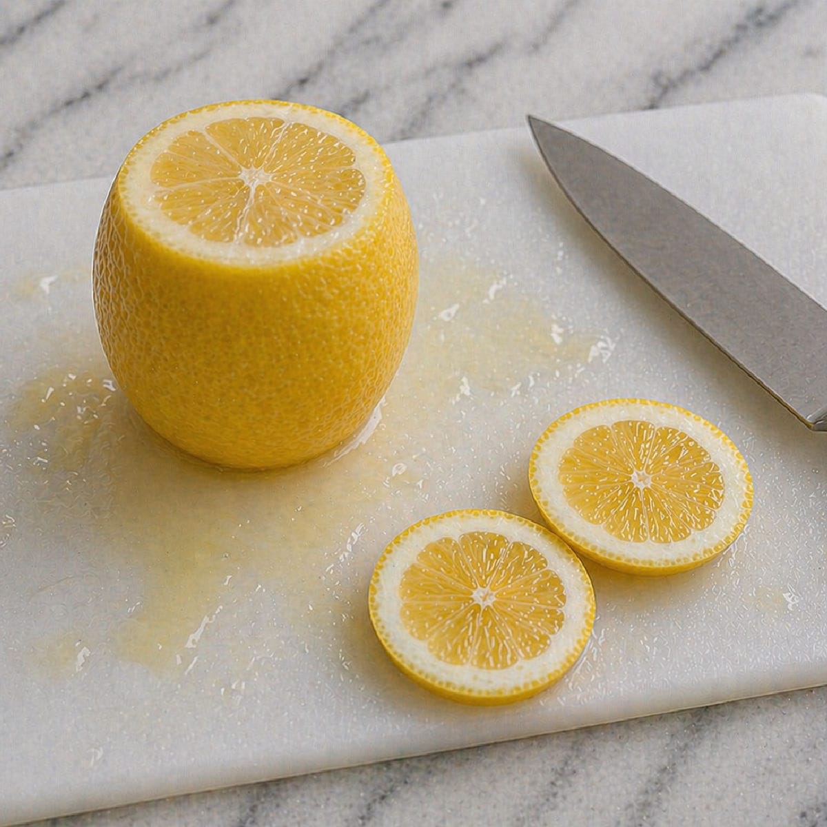 A lemon with the top cut off sits on a cutting board next to two lemon slices and a knife.