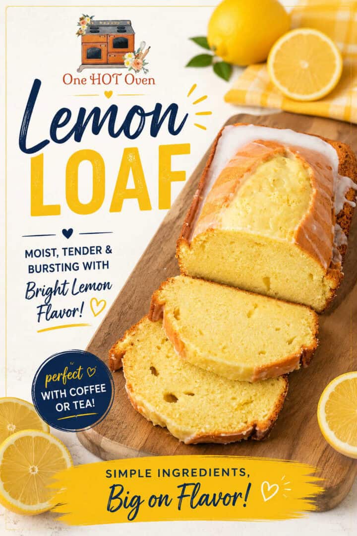A sliced lemon loaf with icing is displayed on a wooden board, surrounded by fresh lemons, a knife, and orange wedges. Text highlights the loaf’s lemon flavor and pairing with coffee or tea.