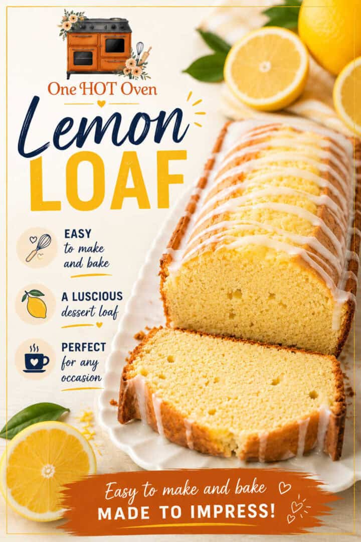 Sliced lemon loaf with icing on a white platter, surrounded by fresh lemons and green leaves. Text highlights the loaf as easy to make, luscious, and suitable for any occasion.