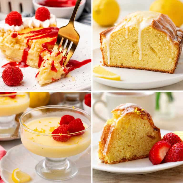A collage of four lemon desserts, including cheesecake with raspberries, lemon loaf with glaze, lemon pudding with raspberries, and a slice of lemon cake with strawberries.