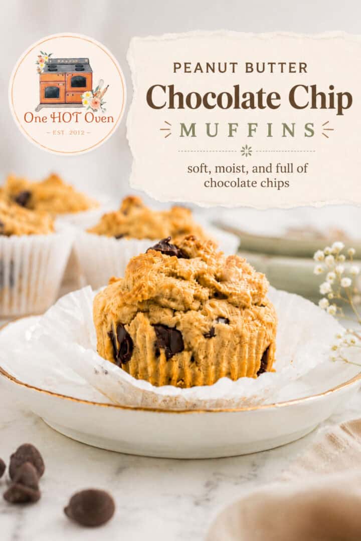 Peanut butter chocolate chip muffin sits unwrapped on a plate, with more muffins in the background and chocolate chips scattered nearby.