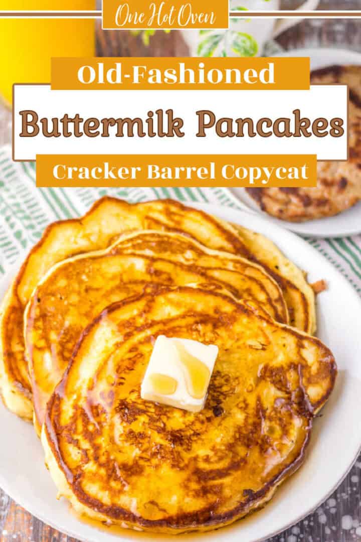 A plate of three golden buttermilk pancakes with a pat of butter, next to orange juice; text overlay reads "Old-Fashioned Buttermilk Pancakes Cracker Barrel Copycat.