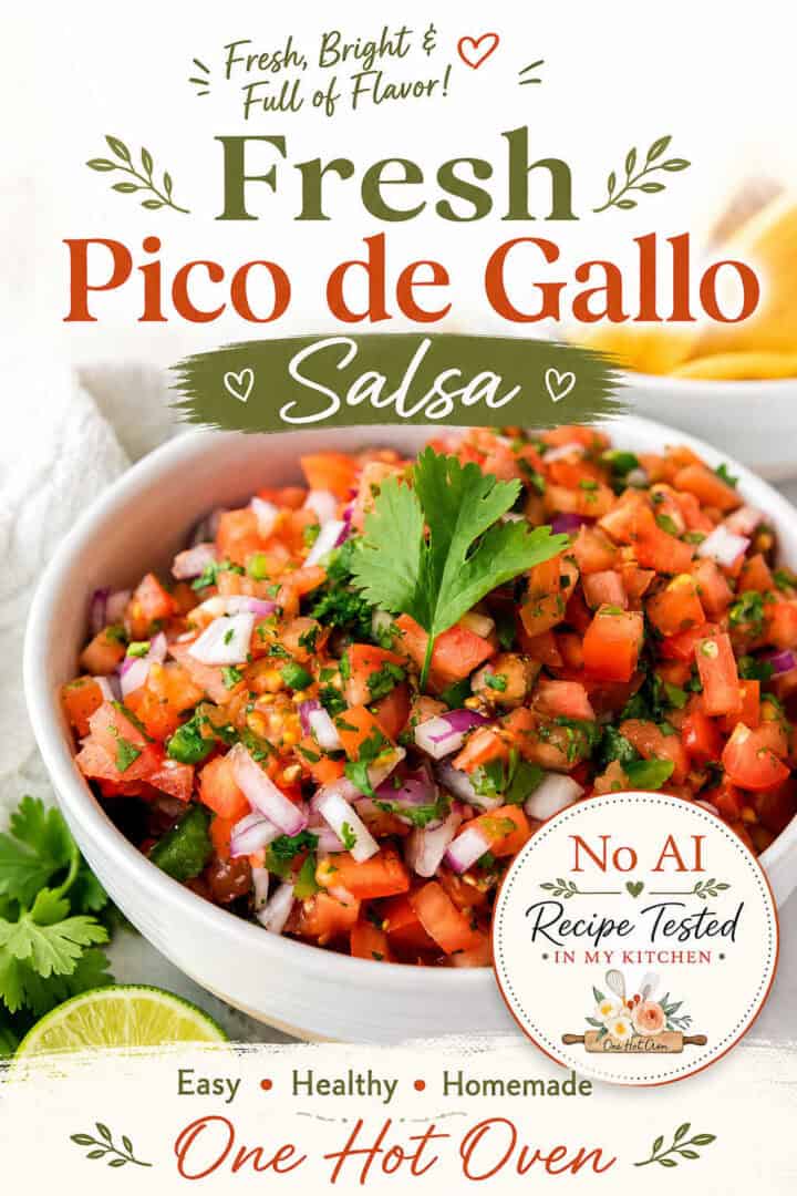 A bowl of pico de gallo salsa with diced tomatoes, onions, cilantro, and jalapenos, garnished with a cilantro leaf, next to a lime wedge and a "No AI Recipe Tested" badge.