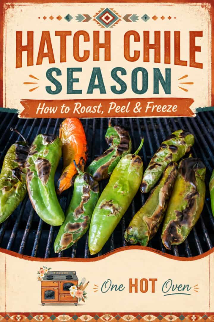 Green and orange Hatch chiles roasting on a grill, with text about how to roast, peel, and freeze them for Hatch chile season.
