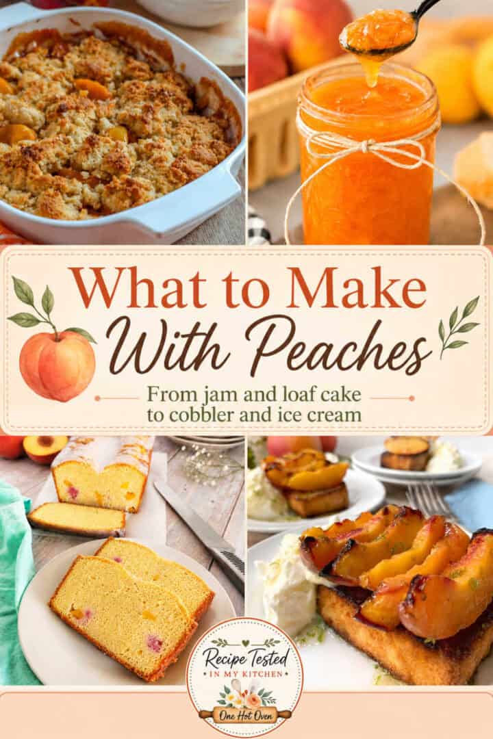 Collage of peach recipes including cobbler, jam, loaf cake, and grilled peaches, with text: “What to Make With Peaches—From jam and loaf cake to cobbler and ice cream.”.