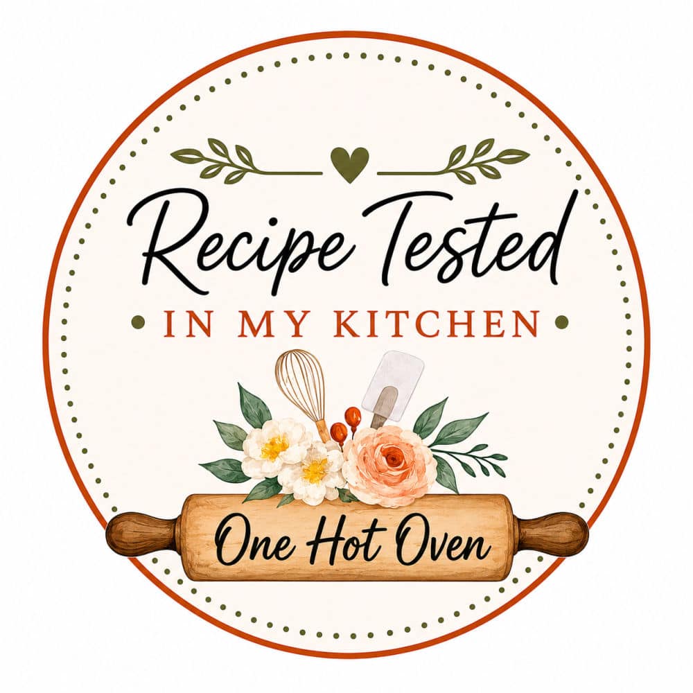 Circular badge with floral decorations, kitchen utensils, and text that reads “Recipe Tested In My Kitchen One Hot Oven” in black and orange fonts.