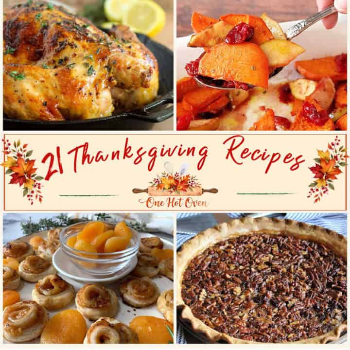 Collage of Thanksgiving dishes including roast chicken, roasted sweet potatoes with cranberries, apricot puff pastries, and a pecan pie, centered with the text “21 Thanksgiving Recipes One Hot Oven.”