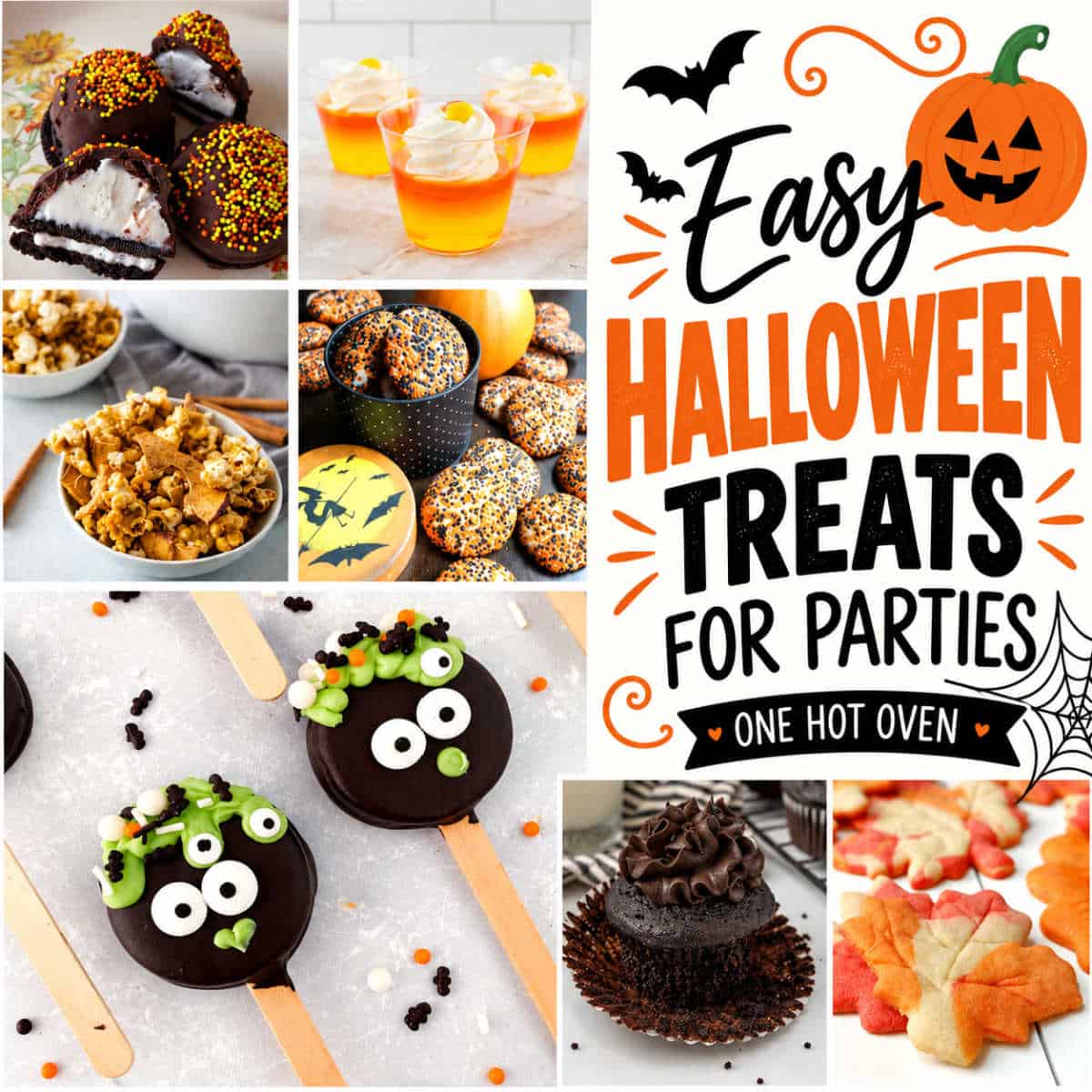 Collage of Halloween-themed treats including chocolate-covered Oreos, orange gelatin cups, popcorn, cookies, chocolate-dipped pops, a cupcake, and leaf-shaped cookies, titled “Easy Halloween Treats for Parties.”