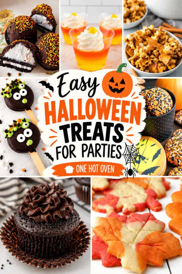 A collage of various Halloween-themed desserts including chocolate-dipped cookies, orange jelly cups, popcorn, monster-shaped cake pops, a chocolate cupcake, and leaf-shaped cookies, titled “Easy Halloween Treats for Parties.”