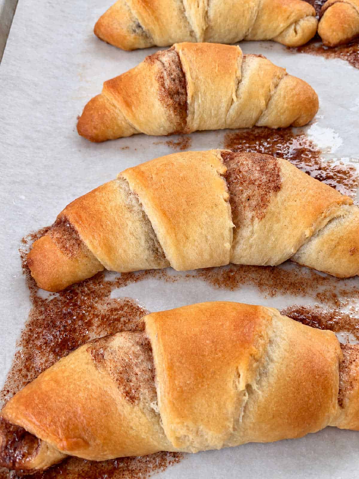 Four crescent-shaped cinnamon rolls sprinkled with cinnamon sugar on a parchment-lined baking sheet.